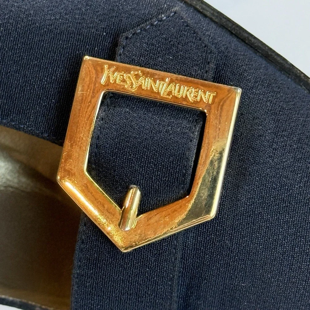 Vtg Yves Saint Laurent Buckle Pump Block Heel Women US 7 N EU 37 Navy Blue Gold - Picture 11 of 12